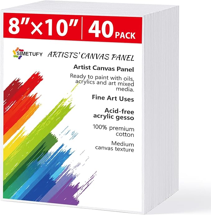 Simetufy 40 Pack Canvas Boards for Painting 8x10In Cotton Canvas Panels for Oil, Acrylic, Gouache & Watercolor Painting