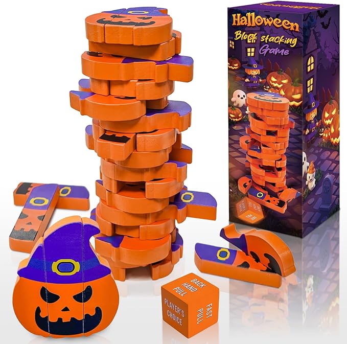 AerWo Wooden Blocks Stacking Games, Tumbling Tower and Balance Halloween Games for Kids, for Kids and Adults Ages 6+, Pumpkin Toys Wood Blocks Twister Game for Family