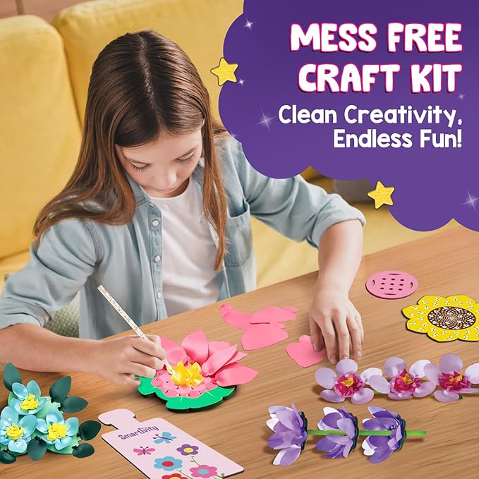 SmartCraft Art & Craft Kit - Poke Art Flower Making Kit for Kids Ages 4, 5, 6, 7, 8, 9, 10 Years Old, Create 8 Beautiful Flowers with Pot, Creative Birthday Gift for Girls & Boys, DIY Fun Activity Kit