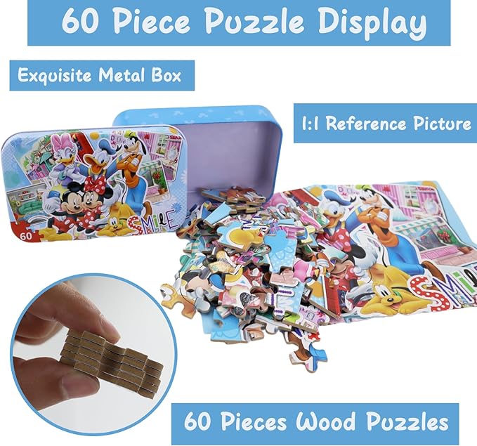 Minnie Mickey Puzzles for Kids Ages 3-8 - 60 Piece Jigsaw Puzzles for Girls & Boys - Educational Toys in a Metal Box