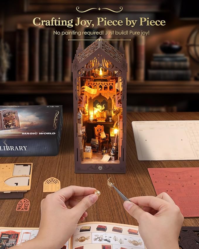 [2025 New] Magic Bookstore Book Nook Kit with Dust Cover & LED Light, DIY Miniature House Kit Toy, 3D Wooden Puzzle Bookshelf Decor Building Kit, Birthday Gifts for Family & Friends
