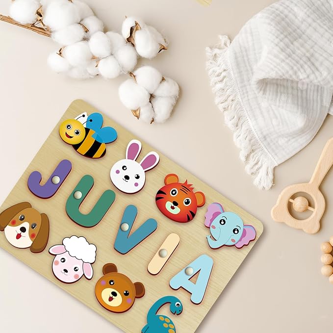 Name Puzzle for Kids Personalized - Custom Name Puzzles for Toddlers 1-3, Customized Wooden Animal Puzzle, Baby Gifts, Baby Shower, Christmas, Newbaby Gift, Gifts for 0 1 2 3 Years Old (style-01)