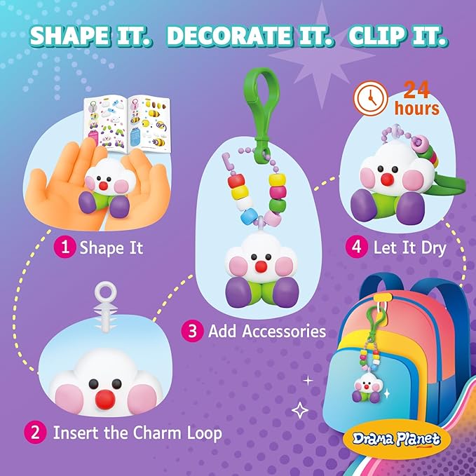 Drama Planet Make Your Own Clay Keychains – Air Dry Clay Craft Kit for Kids Ages 6 and Up, Create 8+ Charms and Bag Decorations, Great Gift for Girls and Boys
