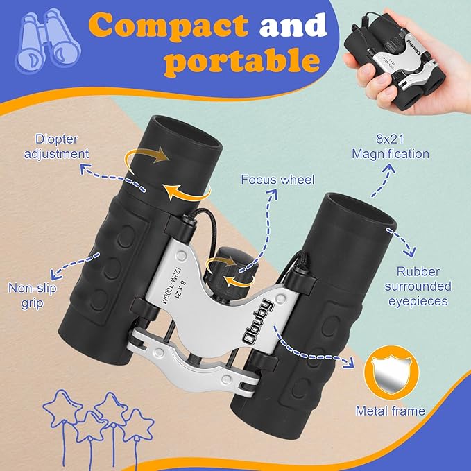 Obuby Real Binoculars for Kids Gifts for 3-12 Years Boys Girls 8x21 High-Resolution Optics Compact Toy Binocular for Bird Watching,Travel, Camping