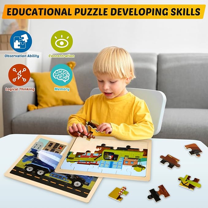 Wooden Vehicle Puzzles for Kids Age 3 4 5 Year Old, 4 Pack 24 Pcs Montessori Toddler Jigsaw Puzzles for Girl boy Activities Preschool Learning Educational Birthday Gift Travel Autistic Wooden Toys