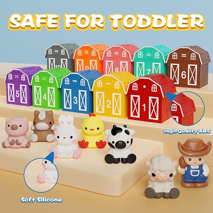 Learning Toy for Toddlers 1 2 3+ Years Old, 20 PCS Farm Animal Barn playset & Finger Puppets, Montessori toys for Kids,10 Animals & 10 Barns for Babies Boys Girls Easter Christmas Birthday Gift