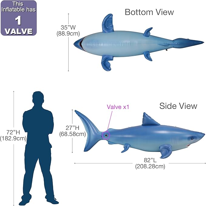 Jet Creations Inflatable Aquatic Animal Shark, Giant 82 inch Long/27 Tall, Toy for Kids 3 Year and up, Pool Float, Photo Prop, Theme Party Centerpiece, VBS, Decoration, Hangers (2) on The Back