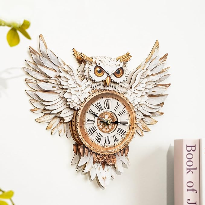 KAAYEE 3D Puzzle for Adult, Wooden Snowy Owl Pendulum Clock Mechanical Model Kit, 31 PCS DIY Vintage Wall Clock Building Kit, Creative Craft Gift for Birthday Home Decor (Battery Not Included)