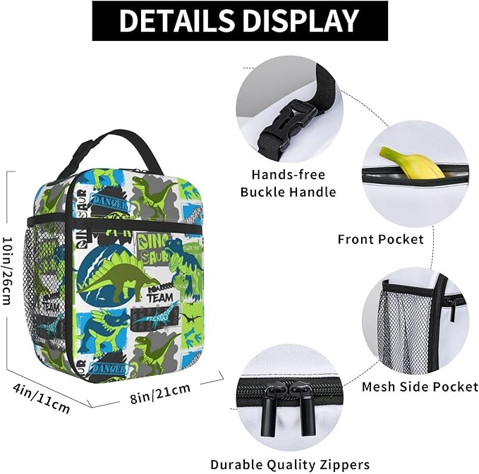 Cartoon Dinosaur Reusable Lunch Box Food Bag Insulated Lunch Bag for Teenage Boys Girls School Beach