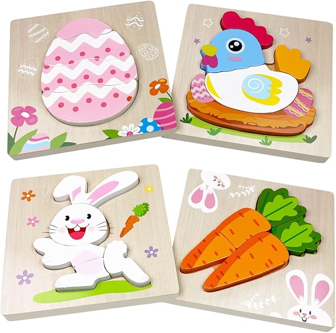 Anditoy 4 Pack Easter Wooden Puzzles Toys for Kids Toddlers Easter Basket Stuffers Gifts Party Favors