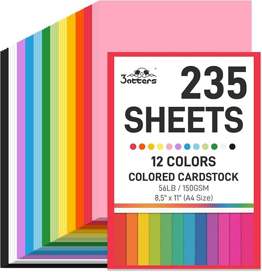 3 otters 235Sheets 8.5" X 11" Construction Paper Assorted Colors, 12 Colored Cardstock Printer Paper, for Printing, DIY Crafts, Party Decorations, Teacher Kids Classroom Must Have, 56 lb/150 GSM
