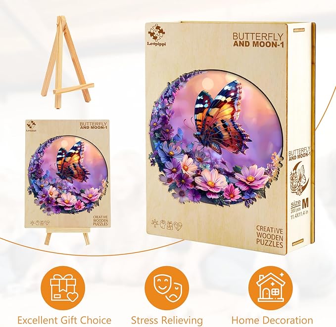 Wooden Puzzles for Adults, Wooden Jigsaw Puzzles for Adults, Butterfly and Moon-1 Unique Shaped Wood Puzzles Adult, Birthday Gifts for Friends Family Game, Home Decor (13.4 * 13.4in 300pcs)