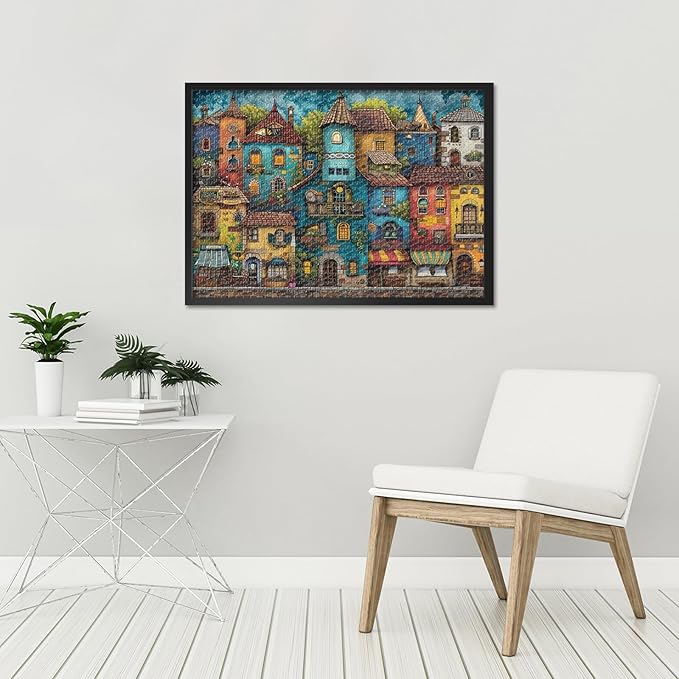 Puzzles for Adults 1000 Pieces Colorful House Building, Challenging Jigsaw Puzzles for Adults, 27.5x19.7 Inch Old Town Landscape Puzzle Game for Women Home Decoration (Fantasy Series)