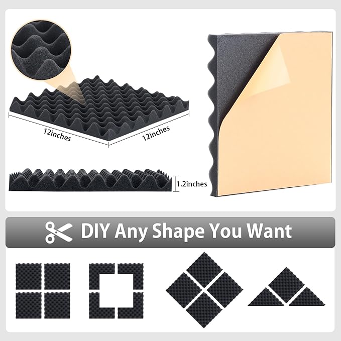 24 Pack Sound Proof Foam Panels for Wall,Self Adhesive Acoustic Panels,12" X 12" X 1.2" Egg Crate Soundproof Wall Panels for Studio,Room Acoustic Treatment Foam,Sound Absorbing Foam Black