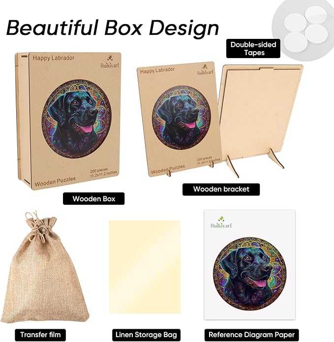 Ruikiyart Wooden Puzzles for Adults, 5MM 500 Pieces Happy Labrador Wooden Jigsaw Puzzles, Unique Shapes Pieces Dog Puzzle Gift for Kids and Adults on Birthday,Thanksgiving,Christmas (16.7"x16.7")