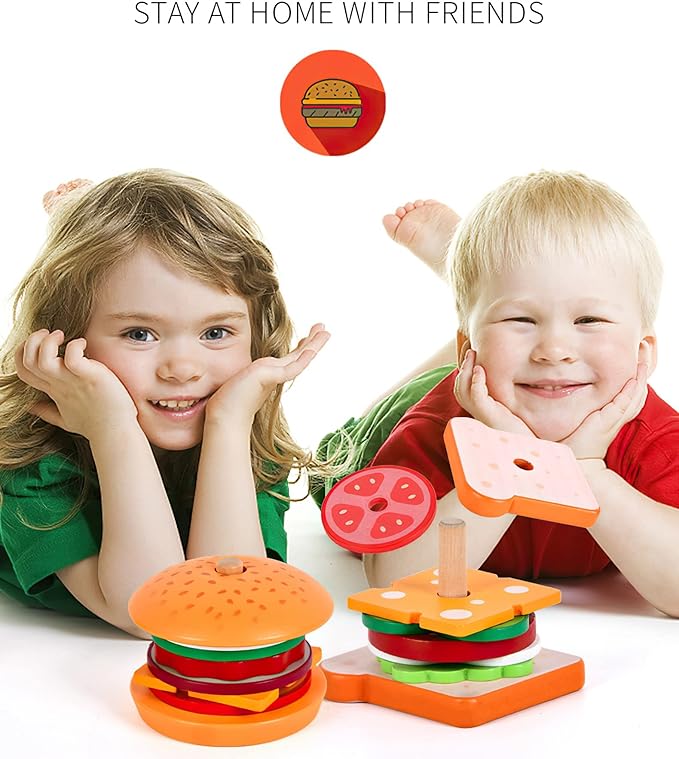 Wooden Burger Stacking Toys for Kids, Montessori Play Food for Toddlers, Educational Toys for 3+ Year Olds to Develop Fine Motor Skills