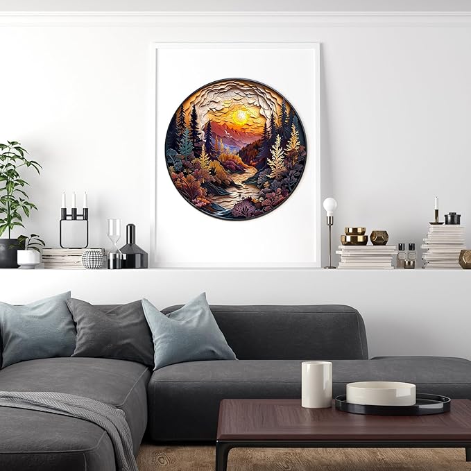 Wooden Puzzles for Adults, Wooden Jigsaw Puzzles for Adults Kids, 3D Sunset Forest Unique Shaped Wood Puzzles Adult, Creative Birthday Gifts for Friends Family Game (8.5 * 8.5in 100pcs)