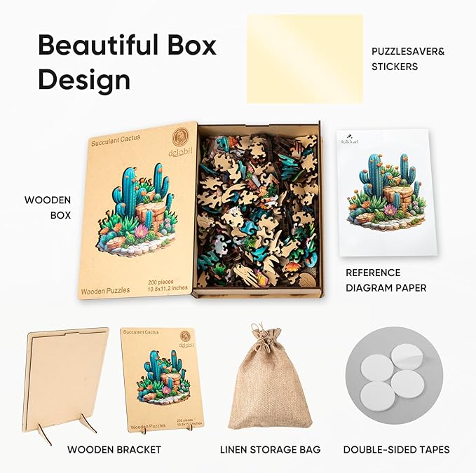 delobil Succulent Cactus Wooden Puzzles for Adults, 200 Pieces Jigsaw Puzzles, Unique Shaped Medium Size Liberty Wood Puzzle Gift for Adults and Kids, Family Game 11.2'' x 10.8''