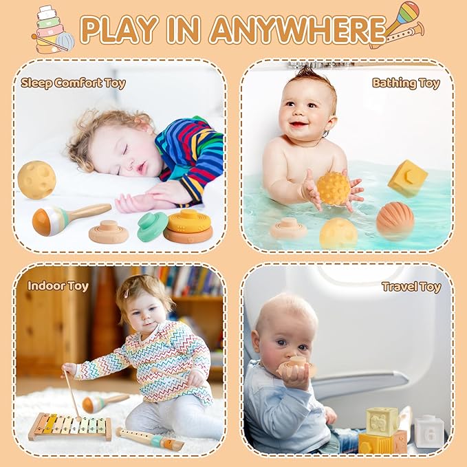 Montessori Toys for 6 Month Old 1+ Year Old 6 in 1 Musical Instruments for Toddler Stacking Blocks Rings Development Learning Educational Toy with Wooden Xylophone for 6 7 8 9 Months 1 Year Old Baby
