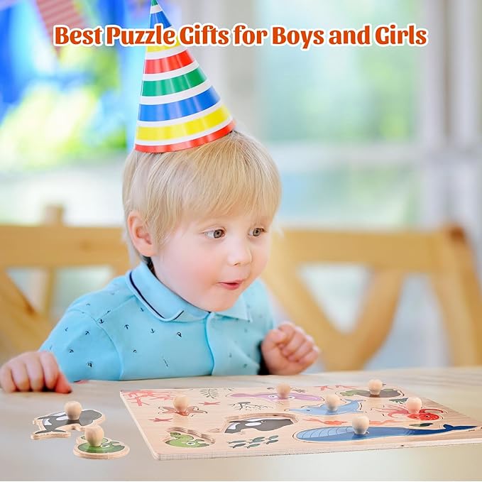 Wooden Peg Puzzles for Toddlers 1-3, 2 Pcs Upgraded Montessori Educational Learning Puzzle Toy Sets - Animal & Sea Themes Puzzles, Great Preschool Gifts for Girls and Boys (8.86 * 11.61in)