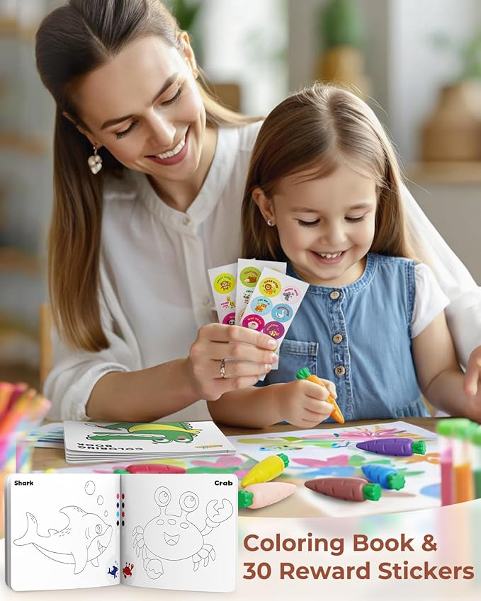 24 Colors Crayons for Toddlers 1-3, Non Toxic Beeswax Carrot-Shaped Toddler Crayons with 30-Page Coloring Book and 120 PDF Pages, Mess-Free Coloring for Kids Ages 2-4 4-8 Art Supplies Gift