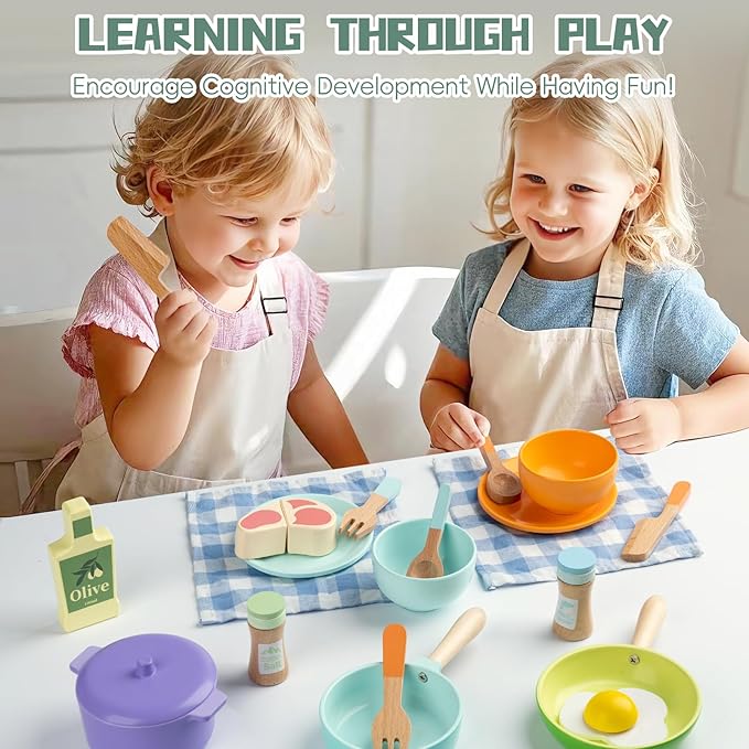 Wooden Kitchen Toys for Toddlers, Montessori Pretend Play Kitchen Accessories, Play Food Sets for Kids Kitchen, Pots and Pans Cooking Sets, Gifts for 3 4 5 Years Old Girls Boys