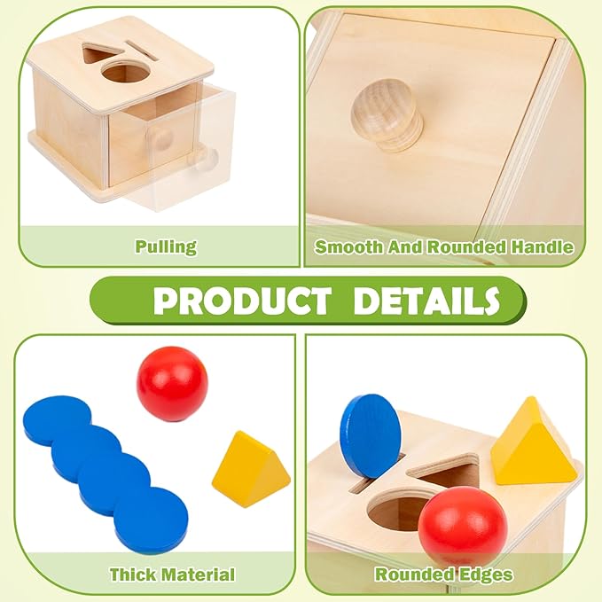 Adena Montessori Coin Box,3 in 1 Object Permanence Box Toys for 1 Year Old Baby Coins,Wooden Montessori Ball Drop Toys Developmental Toys for 6-12 Month Infant Toys,Triangle Ball Round Shapes