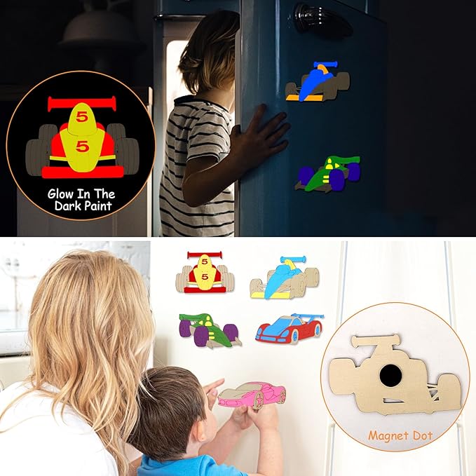 LARDUX Race Car Party Favors, 24PCS DIY Wooden Arts & Crafts Painting Kit for Kids, Glow in The Dark Party Favors Family Crafts Birthday Party Christmas Gifts Toys for Boys Girls