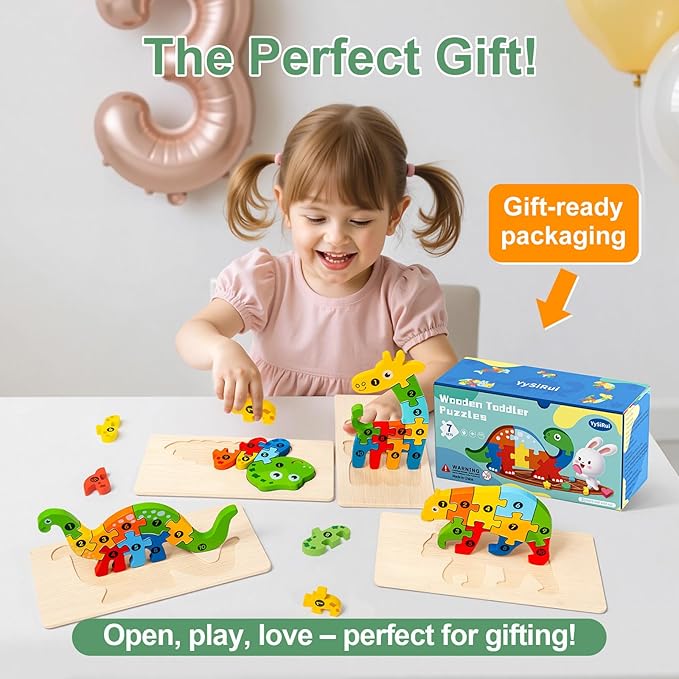9 Pack, Wooden Puzzles for Kids, Toddler Number Puzzle, Animal Dinosaur Toddler Toys, Montessori Toys for Kids Ages 3+