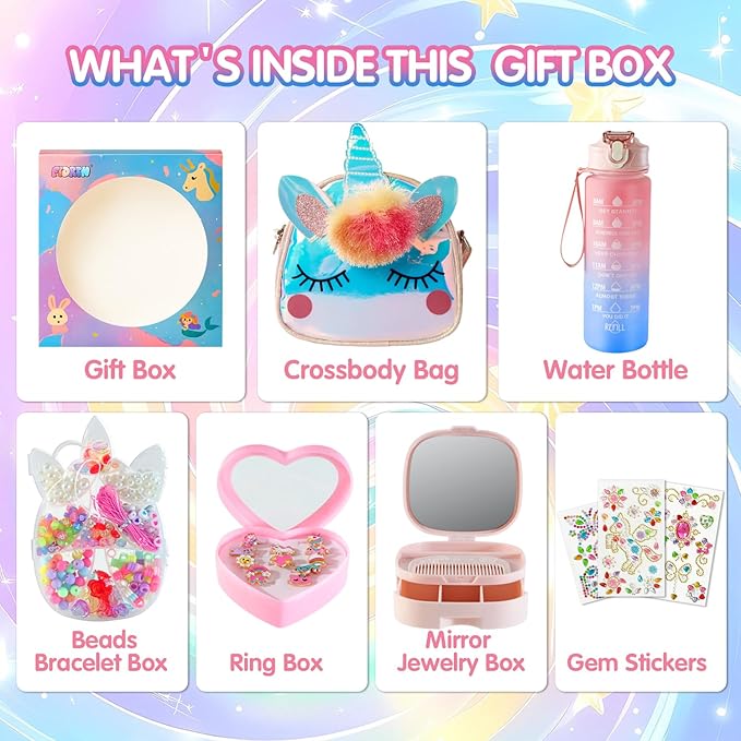 Unicorn Toys Gift for Girls Age 4 5 6 7 8 9, Bracelet Making Kit, Decorate Unicorn Water Bottle, Birthday Gift Box for Little Girls, Daughter, Granddaughter