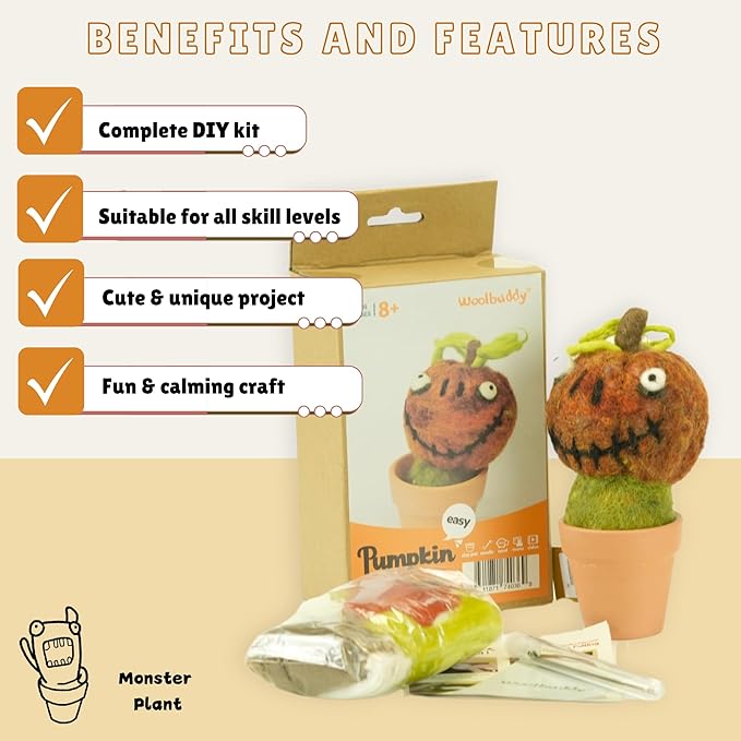 Woolbuddy Needle Felting Kit, Pumpkin Monster Craft for Beginner Adults, Includes Supplies and Instructions, Creative Design for Unique DIY Projects
