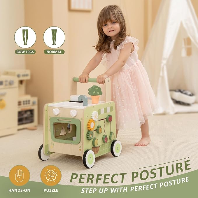 Baby Push Walker -Wooden Push Walker Montessori Toy- Toddler Learning Activity Walker for Girls Boys 1-3 Years - Pretend Kitchen Playset Ideal for Toddlers（Green ）