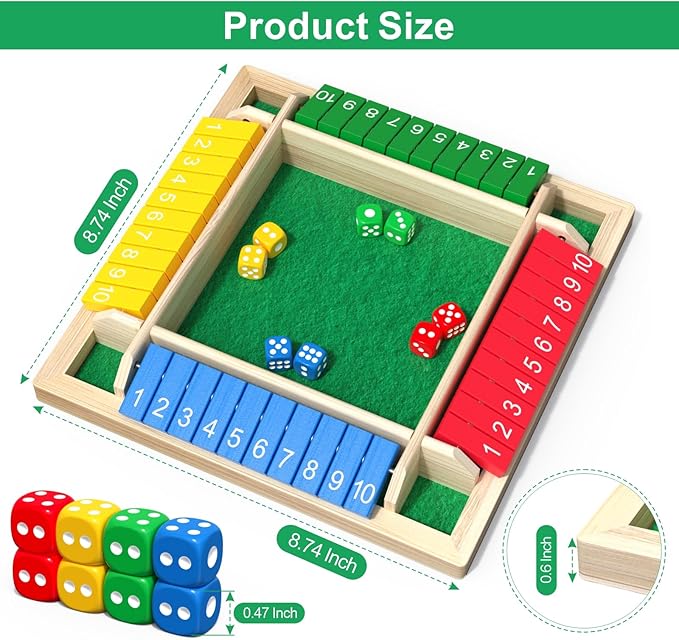 Shut The Box Game Wooden with Dice, 2-4 Player Math Strategy Game for Adults Kids - Close The Box Board Number Learning Activity, Family Travel Pub Games