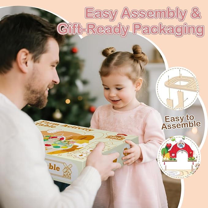 Kids Wooden Farm Activity Table for 1 2 3 Years Old, Montessori Learning Toy with Bead Maze, Shape Sorter & Animal Train, Sensory Development Toy for Toddlers, Educational Gift for Baby Boys Girls 1+