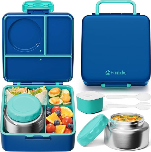 Fimibuke Bento Box for Kids Adult, BPA Free & Leakproof Toddler Lunch Box with 8.5oz Insulated Food Jar, Utensils & Sauce Jar, Dishwasher Safe 3 or 4 Compartment Container for School Girl Boy
