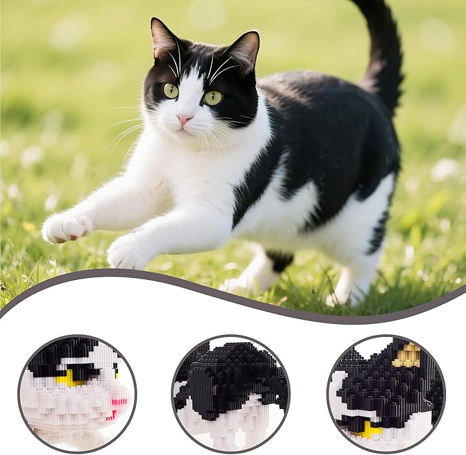 Cat Micro Building Blocks Animal Set, Cow Cat DIY Mini 3D Building Toy Bricks Kit Gift for Adults and Kids, 4800 Pieces (Black & White)