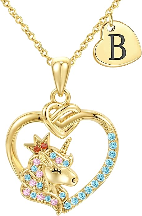Unicorn Initial Necklaces for Girls Kids Women - 18K Really Gold Filled Unicorn Initial Letter Necklace Teen Girls Gifts Trendy Stuff Heart Letter Necklace for Women Girl Kids Gifts