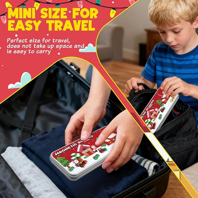 Magnetic Blocks Travel Toys Set - 35PCS Magnetic Cubes Magnet Tiles for Kids Ages 3+, Educational STME Christmas Tree ‌Sensory Game with Box - Christmas Birthday Gifts Boys and Girls