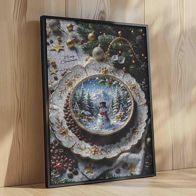 Merry Christmas 1000 Piece Jigsaw Puzzles for Adults Christmas Coffee Painting Jigsaw Puzzle Cute Snowman Puzzles 20''x27”inch Snowy Village with Xmas Tree 1000 Pieces Wall Decor Family Challenging