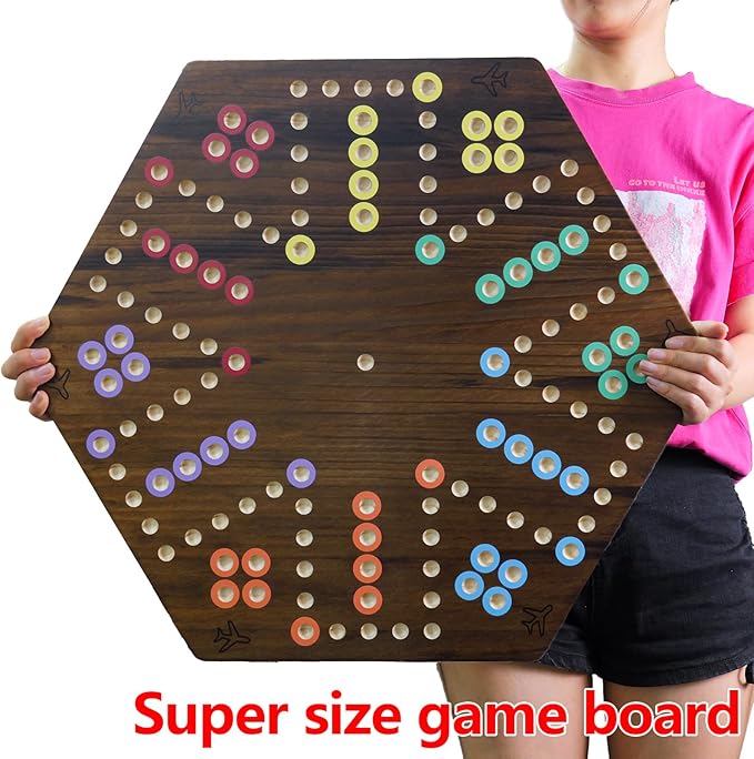 Extra Large Wahoo Board Game Wooden Original Board Game 2 Side Painted Fast Track Game for 4 Player and 6 Player with 30 Marbles,6 Dices for Family Game Night (Brush Paint Burn Color)