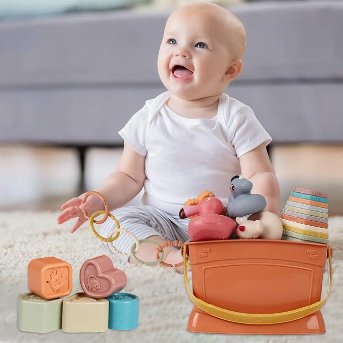 Shape Sorters Baby Toys 5 in 1 Montessori Toy for 6-48 Months Stacking Cups,Rings Toy Links,Soft Stacking Rings,Blocks Set,Soft Animals Toys Shape Sorters for Toddlers 1-3