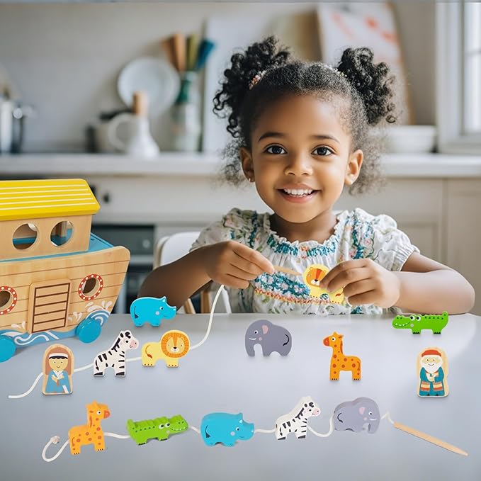 Toddlers Wooden Noah's Ark Toy Animal Playset, Shape Sorter Early Learning Montessori Toys, Baptism Gifts for 3 Boys Girls Kids