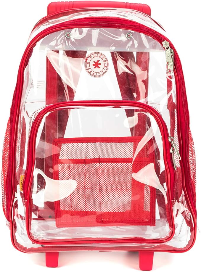 K-Cliffs Rolling Clear Backpack Heavy Duty Bookbag Quality See Through Workbag Travel Daypack Transparent School Book Bags w/Wheels Red