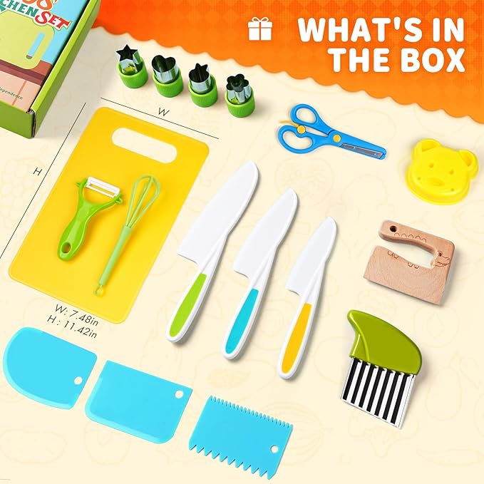 17PCS Kids Cooking Sets Real Cooking Montessori Kitchen Toys for Toddlers Kids Safe Knives for 2/3/4/5/6/7/8 Year Old