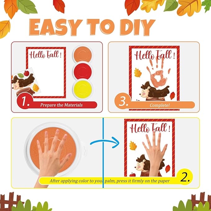 Cinrobiye 24 Sets Fall Handprint Craft Kits Bulk Autumn Hand Print Craft DIY Greeting Cards Kit with Stickers Painting Ink for Home School Classroom Art Project Thanksgiving Party Favor Supplies Gift