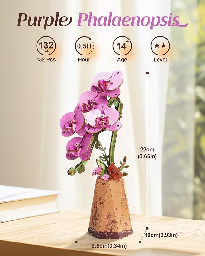 rowood Wooden Flower,3D Puzzles for Kids,Artifical Flower Botanical Collection Building Craft Kit,Mother's Day/Valentine's Day Purple Moth Orchid