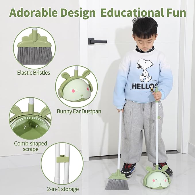 Kids Cleaning Toy Set, Mini Child Broom, Mop and Dustpan, Little Housekeeping Helper Set ,Pretend Home Cleaning Play Set for Toddler Age 1-5,6pcs (Green)