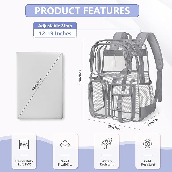 Attmu Gray Clear Backpack, Heavy Duty PVC Clear Bag for Stadium Events, Transparent Backpack with Reinforced Straps & Stitches for Girls Boys, Large Capacity Bookbag for School, Travel, College, Work