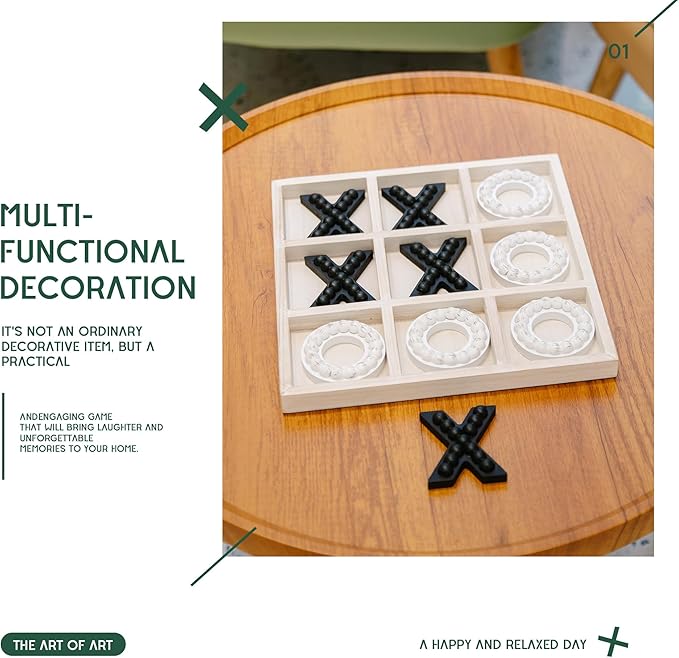 GENMOUS Wooden Tic Tac Toe Game Board for Seniors Family Indoor Game, 10.6 Inch White Rustic Giant Tic Tac Toe Coffee Table Decor, Tic Tac Toe Board Game Fun for Family Travel Outdoor Room Decor