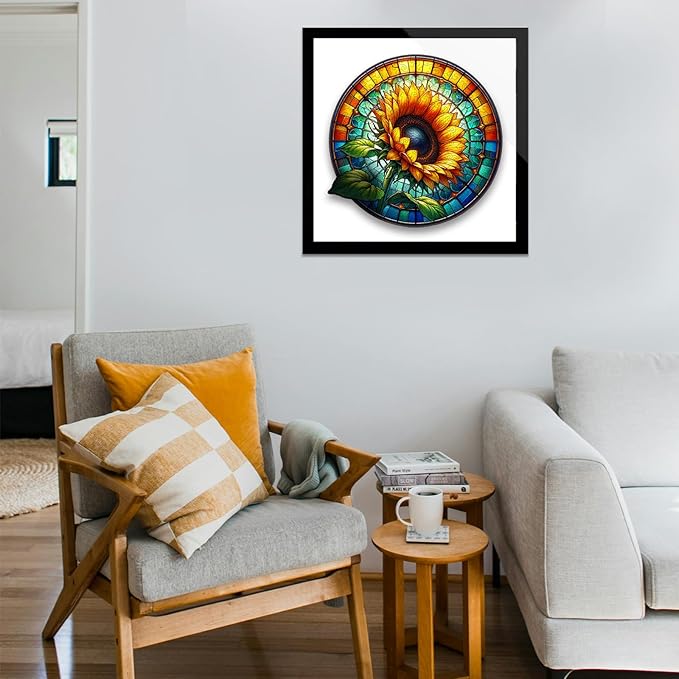 Wooden Puzzle for Adults, Stained Glass Sunflower Puzzle, Wooden Jigsaw Puzzles with Wooden Box, Unique Plant Shaped Wood Cut Puzzles, Family Games for Kids and Adults, 200 Pieces 11.37"x 11.22"